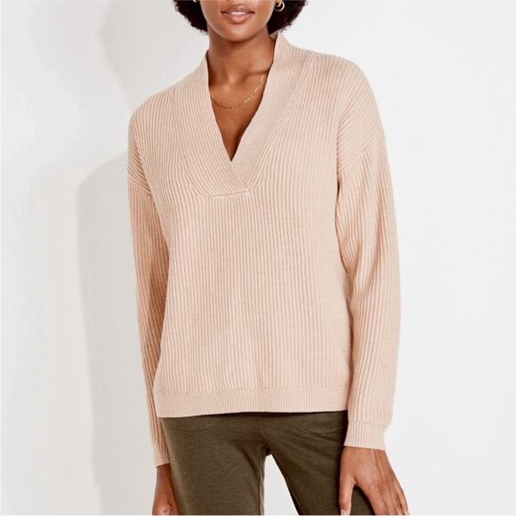 Haven Well Within Cotton Cashmere Blend V-Neck Ribbed Knit Sweater Tan XXL - Picture 1 of 13